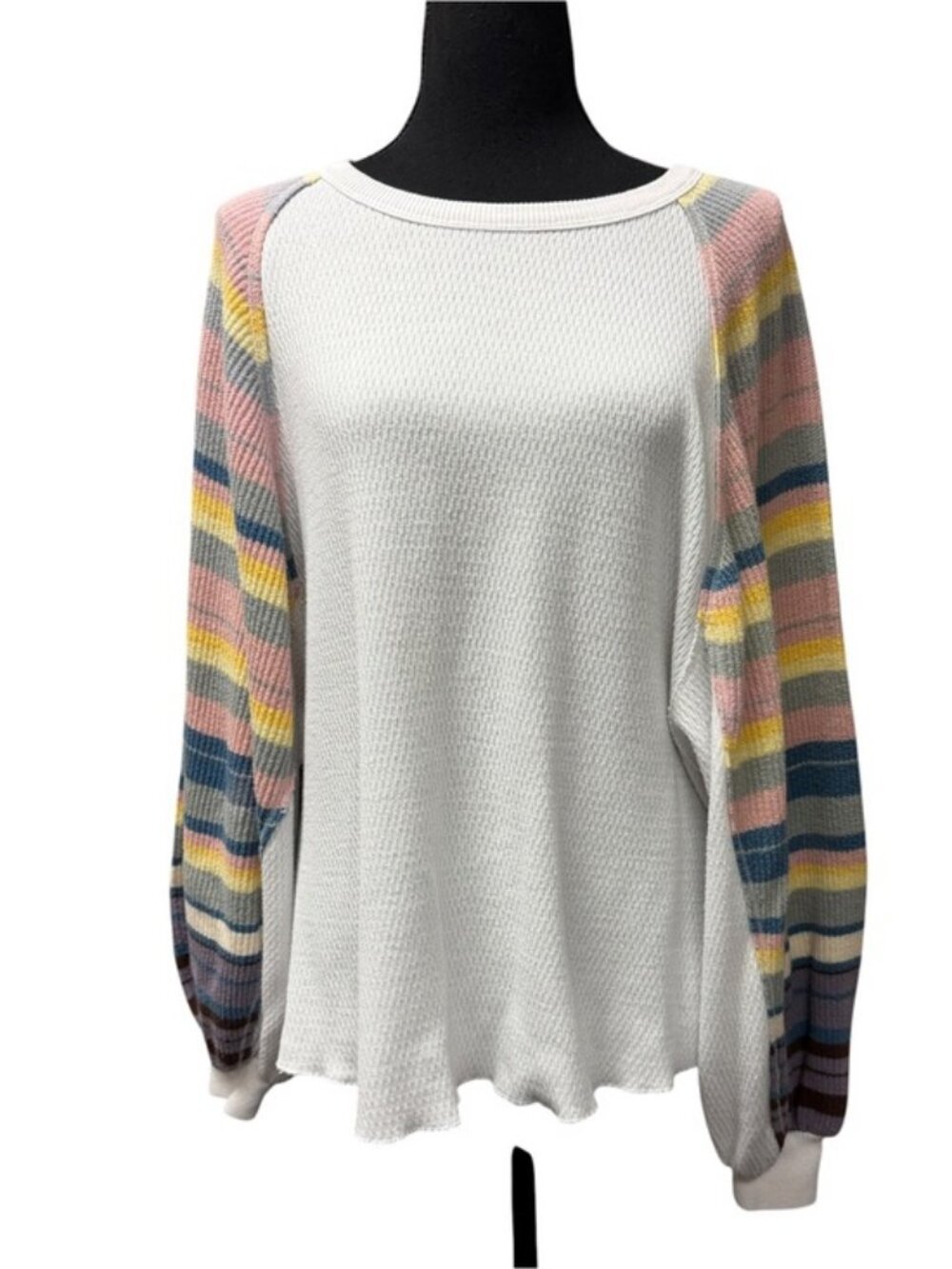 We The Free Free People Waffle Knit Striped Balloon Sleeve Top S - Picture 2 of 12
